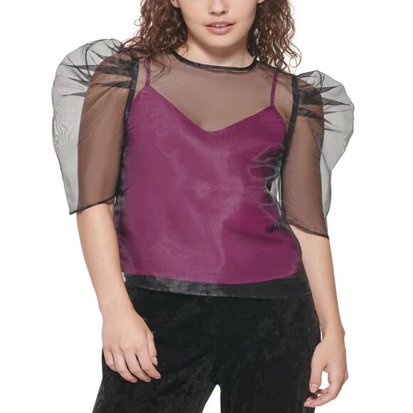 DKNY Sheer Two-tone Puff-sleeve Top BLACK - Picture 2 of 3
